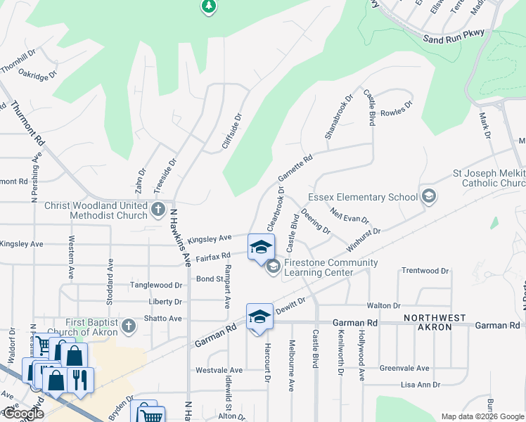 map of restaurants, bars, coffee shops, grocery stores, and more near 472 Clearbrook Drive in Akron