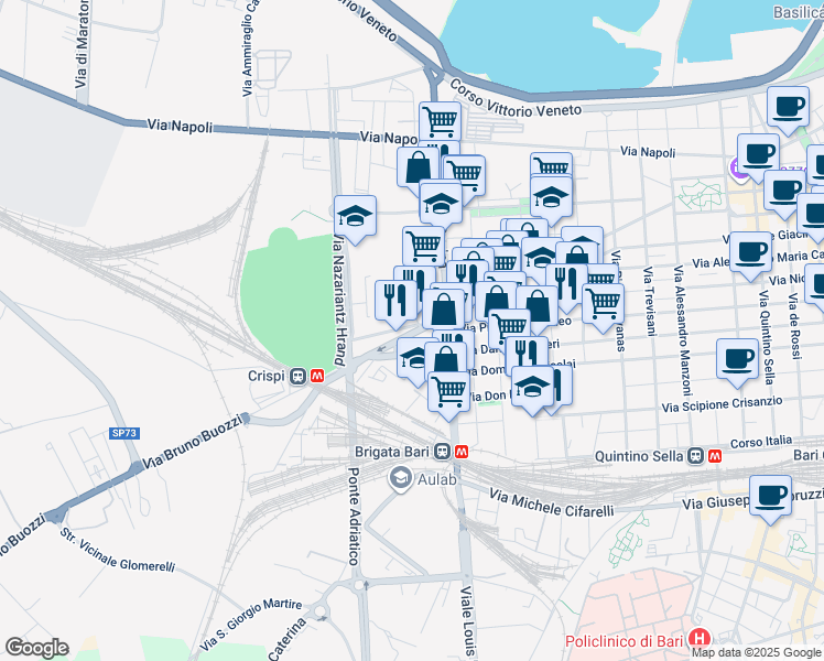 map of restaurants, bars, coffee shops, grocery stores, and more near 39 Via Mario Pagano in Bari