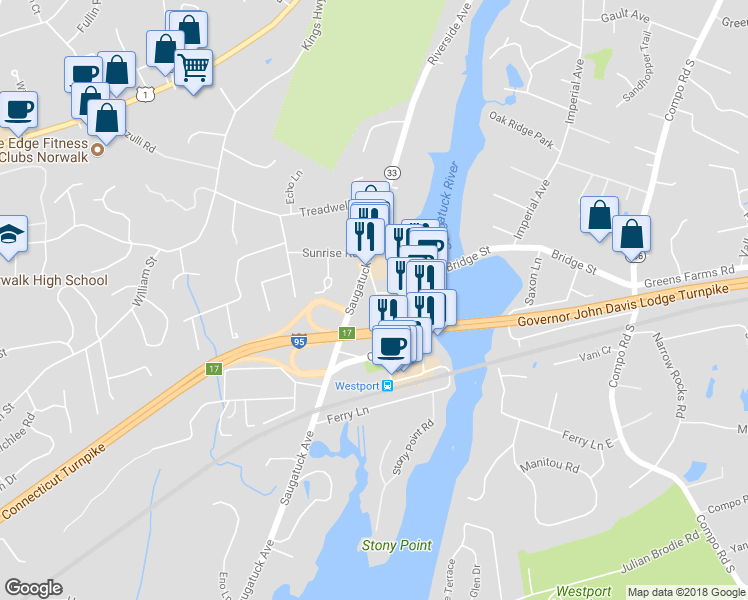map of restaurants, bars, coffee shops, grocery stores, and more near 34 Franklin Street in Westport