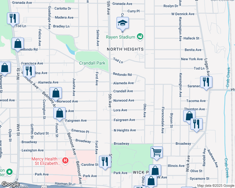 map of restaurants, bars, coffee shops, grocery stores, and more near 287 Crandall Avenue in Youngstown