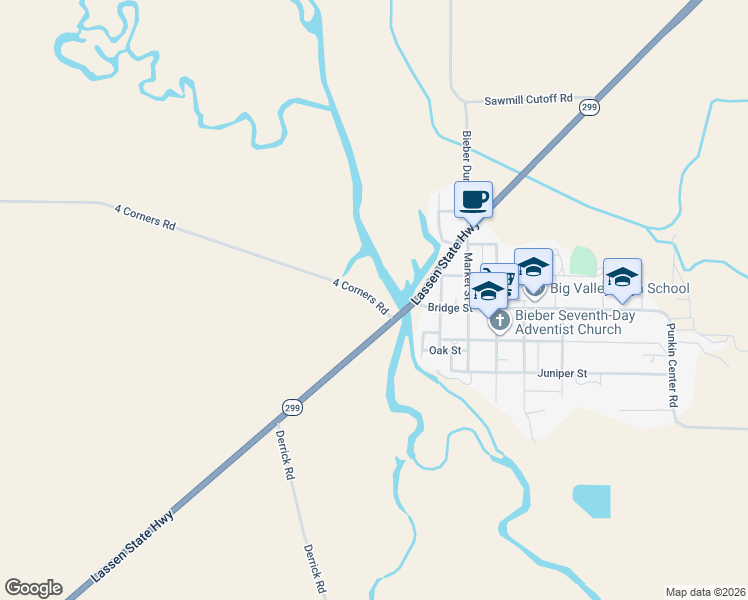 map of restaurants, bars, coffee shops, grocery stores, and more near 4 Corners Road in Bieber