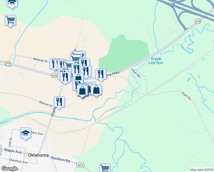 map of restaurants, bars, coffee shops, grocery stores, and more near 1582 Bee Line Highway in DuBois