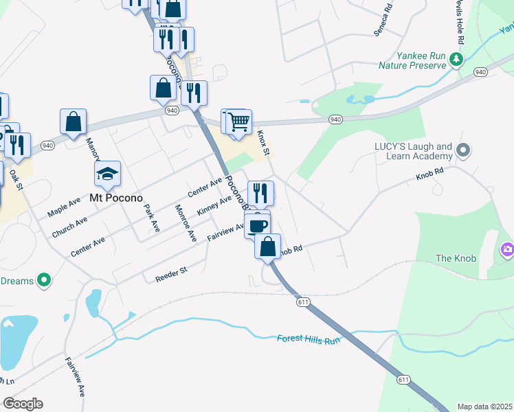 map of restaurants, bars, coffee shops, grocery stores, and more near 1399 Pocono Boulevard in Mount Pocono