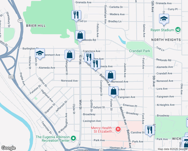 map of restaurants, bars, coffee shops, grocery stores, and more near 716 Norwood Avenue in Youngstown