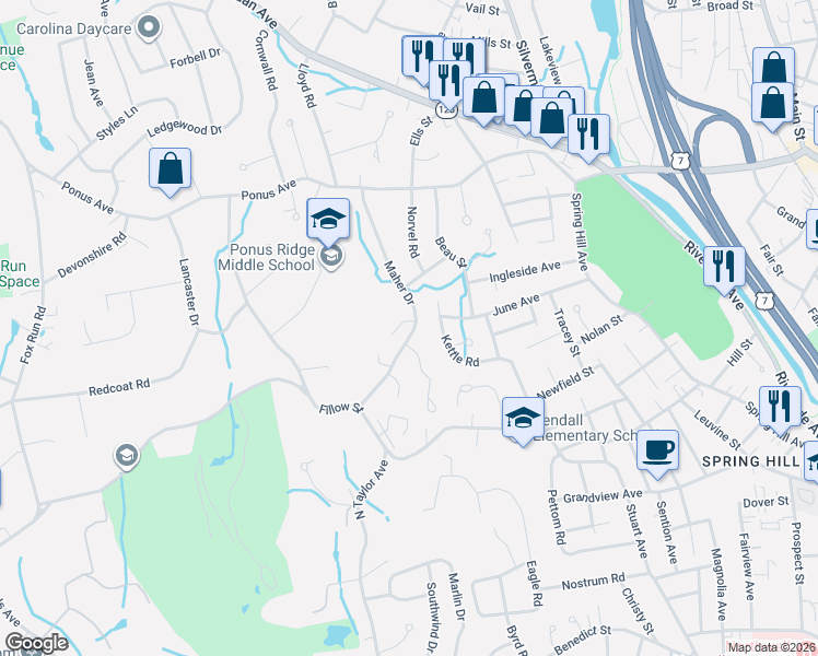 map of restaurants, bars, coffee shops, grocery stores, and more near 41 Maher Drive in Norwalk