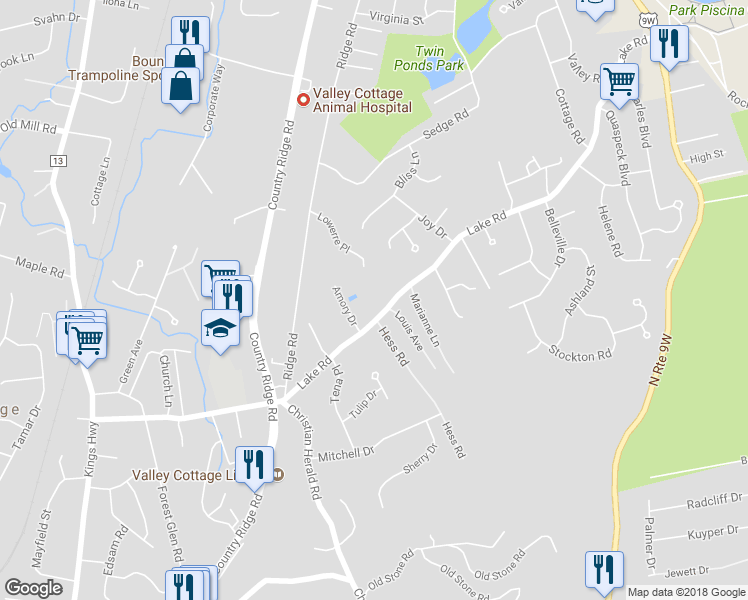 map of restaurants, bars, coffee shops, grocery stores, and more near 58 Lake Road in Valley Cottage