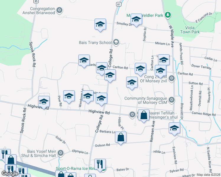 map of restaurants, bars, coffee shops, grocery stores, and more near 76 College Road in Monsey