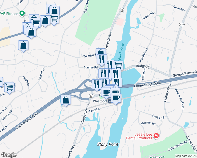 map of restaurants, bars, coffee shops, grocery stores, and more near 48 Franklin Street in Westport