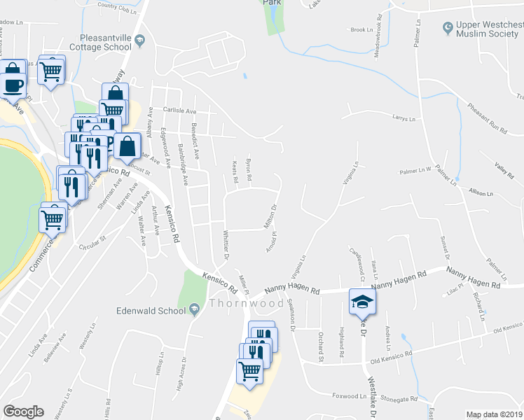map of restaurants, bars, coffee shops, grocery stores, and more near 124 Milton Drive in Thornwood