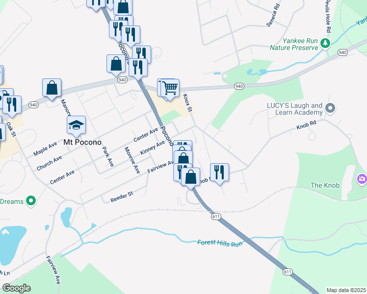 map of restaurants, bars, coffee shops, grocery stores, and more near 110 Pocono Boulevard in Mount Pocono