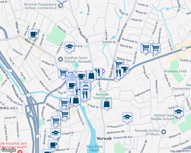 map of restaurants, bars, coffee shops, grocery stores, and more near 3 France Street in Norwalk
