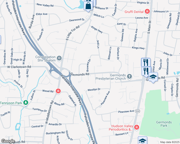 map of restaurants, bars, coffee shops, grocery stores, and more near 13 Broward Drive in New City