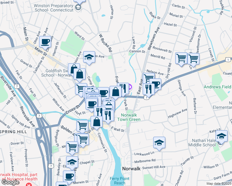 map of restaurants, bars, coffee shops, grocery stores, and more near 1 Father Conlon Place in Norwalk