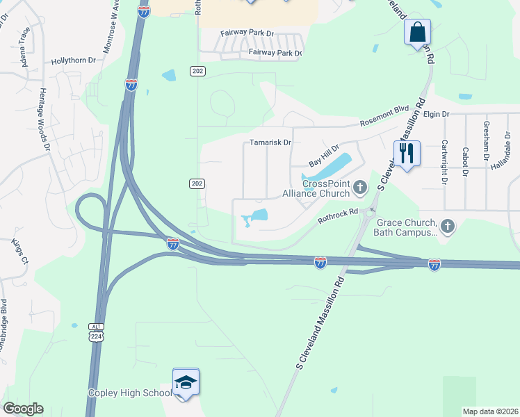 map of restaurants, bars, coffee shops, grocery stores, and more near 499 Sawgrass Drive in Akron