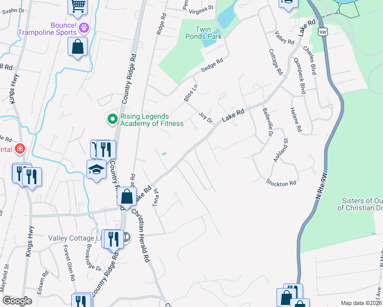 map of restaurants, bars, coffee shops, grocery stores, and more near 66A Lake Road in Valley Cottage