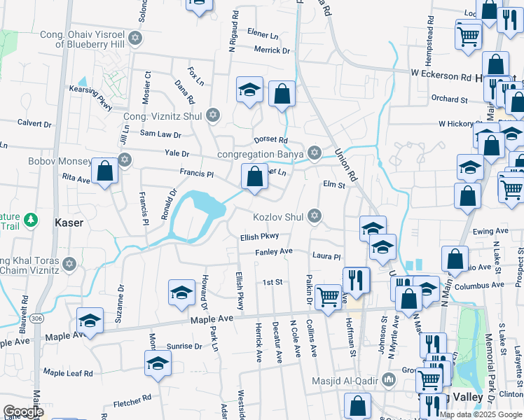 map of restaurants, bars, coffee shops, grocery stores, and more near 79 Francis Place in Spring Valley