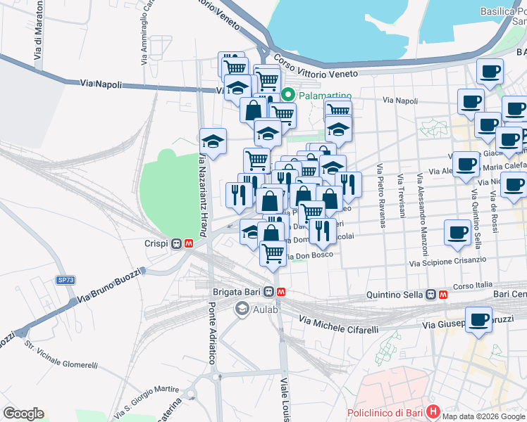 map of restaurants, bars, coffee shops, grocery stores, and more near 11 Via Celio e Vincenzo Sabini in Bari