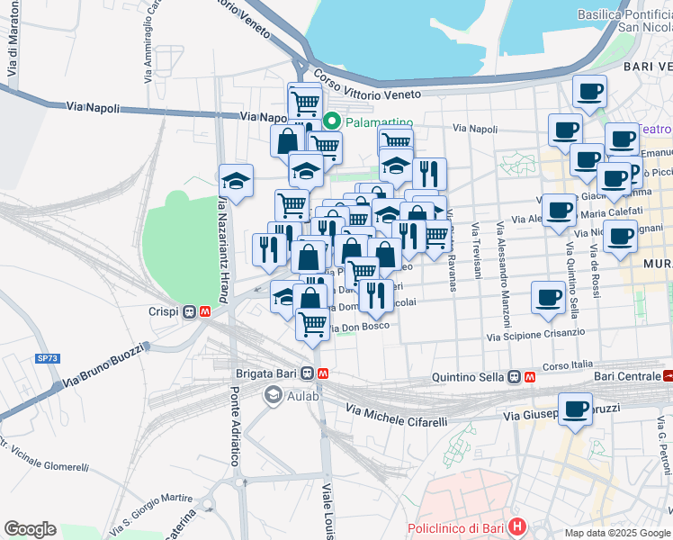 map of restaurants, bars, coffee shops, grocery stores, and more near 6 Via Tommaso Porcelli in Bari