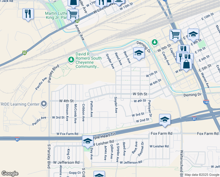 map of restaurants, bars, coffee shops, grocery stores, and more near 900-906 West 6th Street in Cheyenne