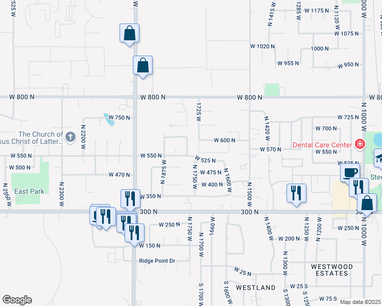 map of restaurants, bars, coffee shops, grocery stores, and more near 617 North 1775 West in West Point