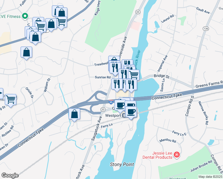 map of restaurants, bars, coffee shops, grocery stores, and more near 9 Franklin Street in Westport