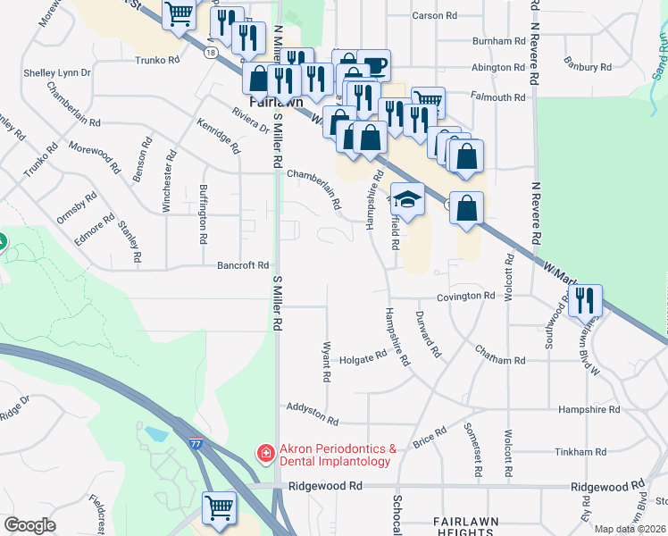 map of restaurants, bars, coffee shops, grocery stores, and more near 2544 Chamberlain Road in Fairlawn