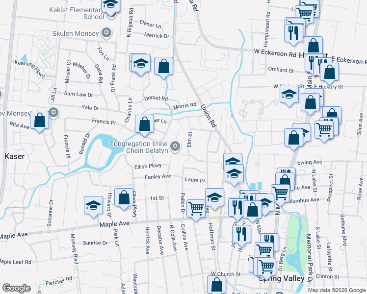 map of restaurants, bars, coffee shops, grocery stores, and more near 10 Elm Street in Spring Valley