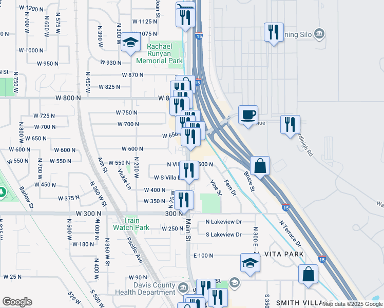 map of restaurants, bars, coffee shops, grocery stores, and more near 610 North Main Street in Clearfield