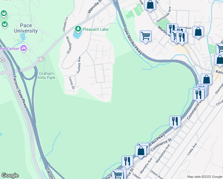 map of restaurants, bars, coffee shops, grocery stores, and more near 32 Bruce Street in Pleasantville