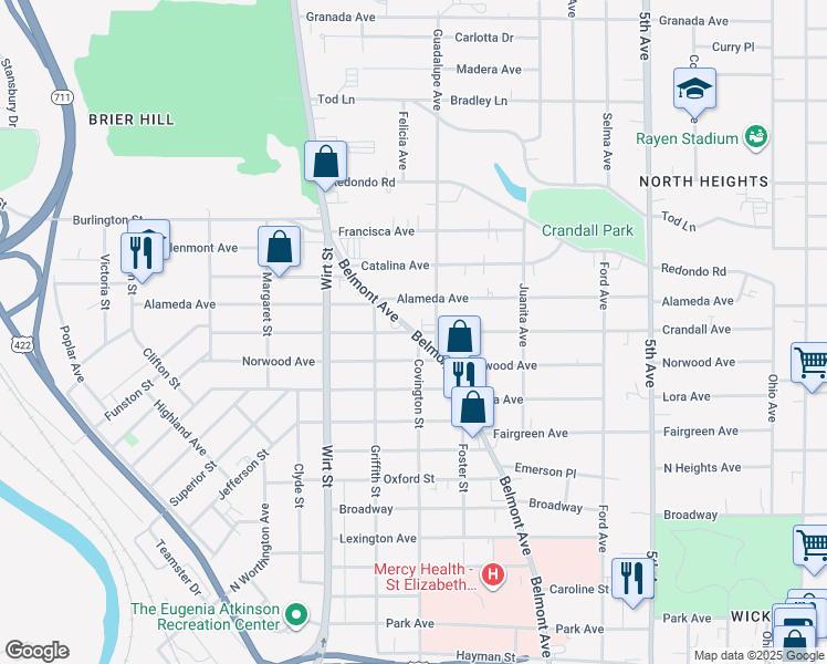 map of restaurants, bars, coffee shops, grocery stores, and more near Belmont Avenue in Youngstown