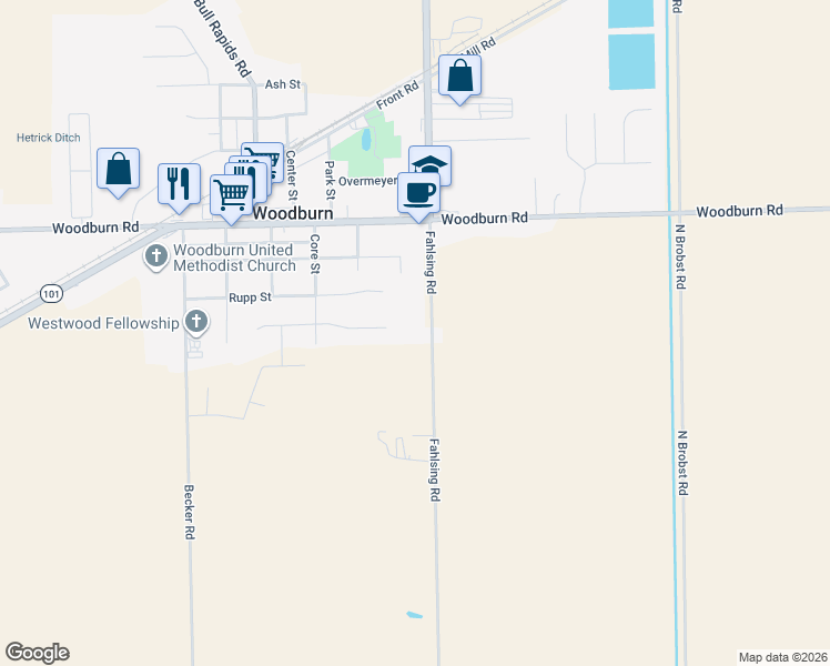 map of restaurants, bars, coffee shops, grocery stores, and more near 4121 Fahlsing Road in Woodburn