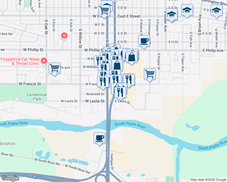 map of restaurants, bars, coffee shops, grocery stores, and more near 298 East Francis Street in North Platte