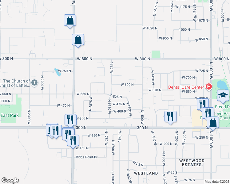 map of restaurants, bars, coffee shops, grocery stores, and more near 1652 West 560 North in Clinton