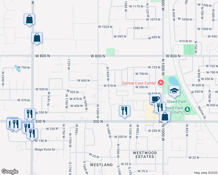 map of restaurants, bars, coffee shops, grocery stores, and more near 1411 West 570 North in Clinton