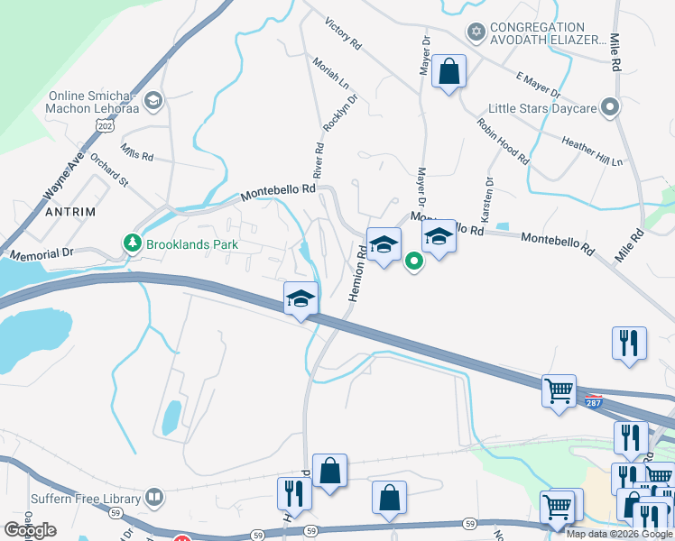 map of restaurants, bars, coffee shops, grocery stores, and more near 7 Fox Court in Suffern