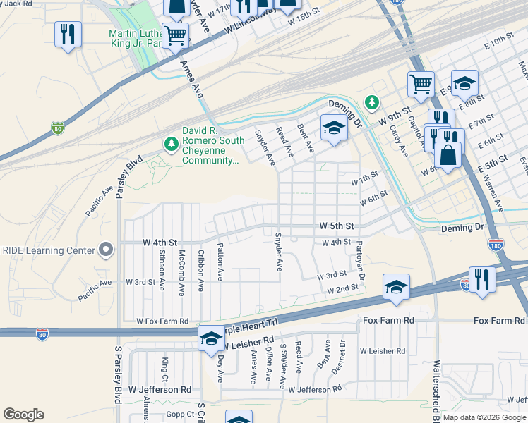 map of restaurants, bars, coffee shops, grocery stores, and more near 900-906 West 6th Street in Cheyenne