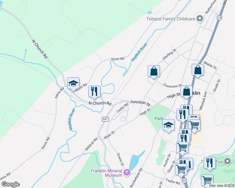 map of restaurants, bars, coffee shops, grocery stores, and more near 43 Susquehanna Street in Franklin