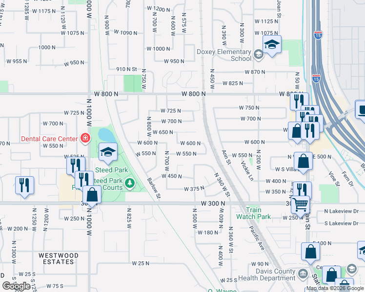 map of restaurants, bars, coffee shops, grocery stores, and more near 672 West 600 North in Clearfield