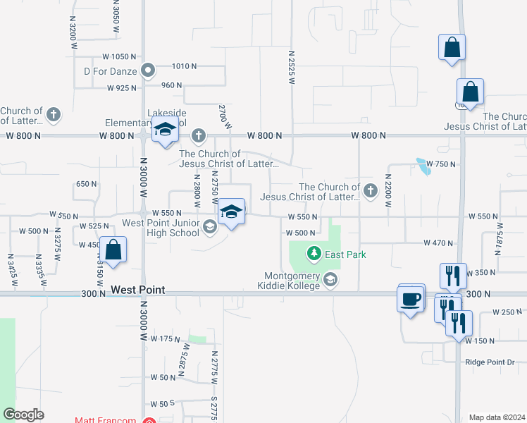map of restaurants, bars, coffee shops, grocery stores, and more near 2596 West 550 North in West Point
