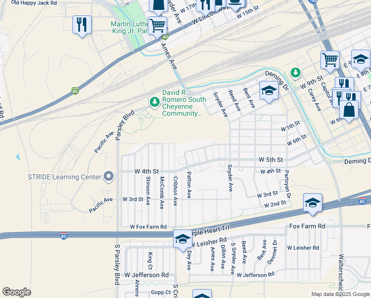 map of restaurants, bars, coffee shops, grocery stores, and more near 1002 West 6th Street in Cheyenne