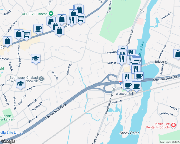 map of restaurants, bars, coffee shops, grocery stores, and more near 12 Hogan Trail in Westport