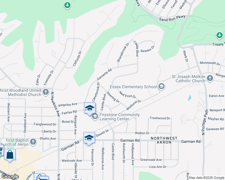 map of restaurants, bars, coffee shops, grocery stores, and more near 1435 Neil Evan Drive in Akron