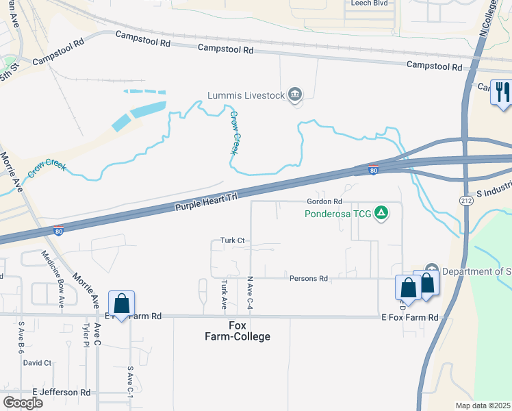 map of restaurants, bars, coffee shops, grocery stores, and more near Interstate 80 in Cheyenne