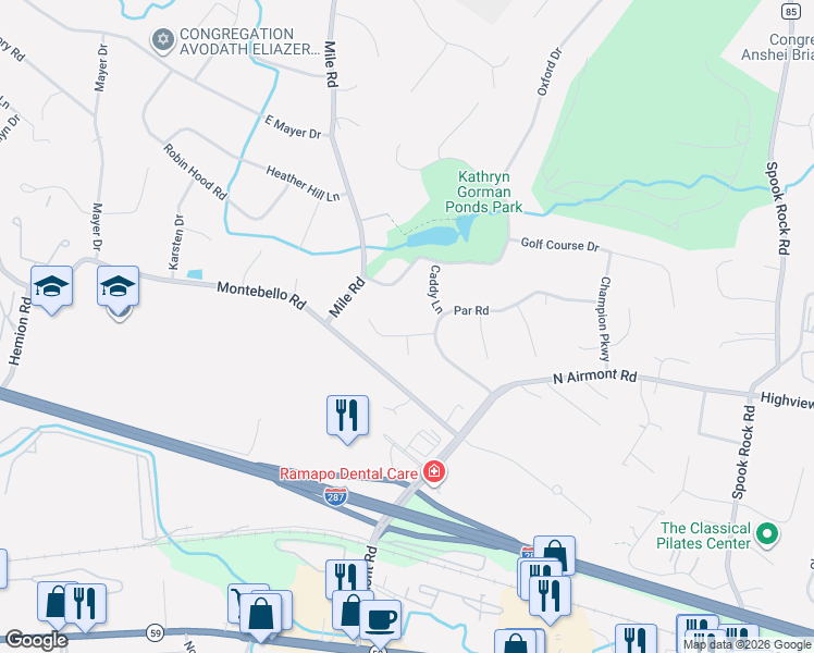 map of restaurants, bars, coffee shops, grocery stores, and more near 1 Caddy Lane in Suffern