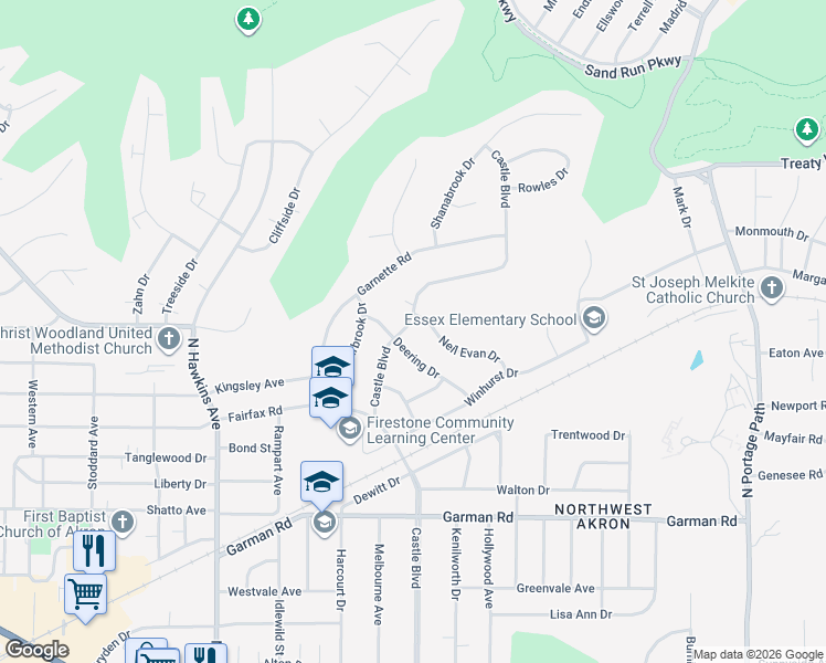 map of restaurants, bars, coffee shops, grocery stores, and more near 1435 Neil Evan Drive in Akron