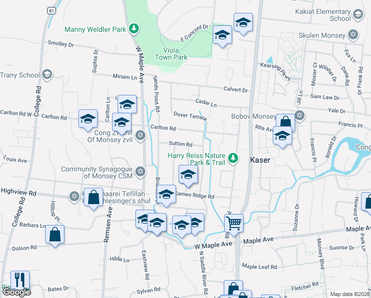 map of restaurants, bars, coffee shops, grocery stores, and more near 1 Sutton Road in Monsey