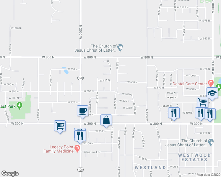 map of restaurants, bars, coffee shops, grocery stores, and more near 567 North 1775 West in West Point