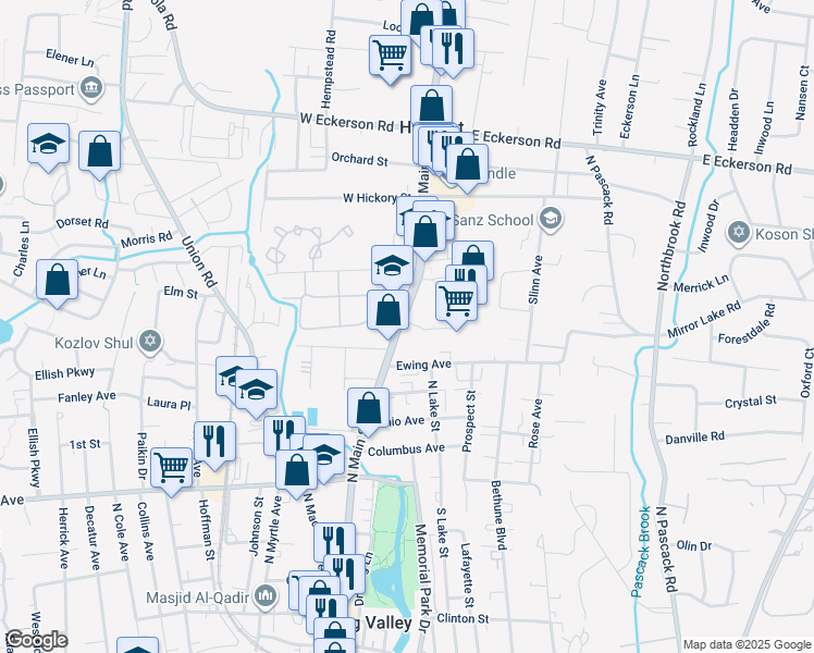 map of restaurants, bars, coffee shops, grocery stores, and more near 107 Bethune Boulevard in Spring Valley