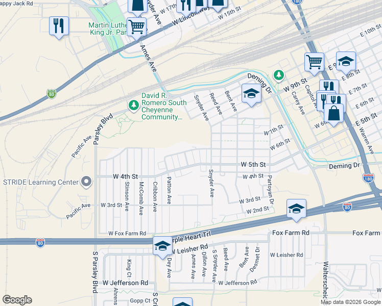 map of restaurants, bars, coffee shops, grocery stores, and more near 966 West 6th Street in Cheyenne