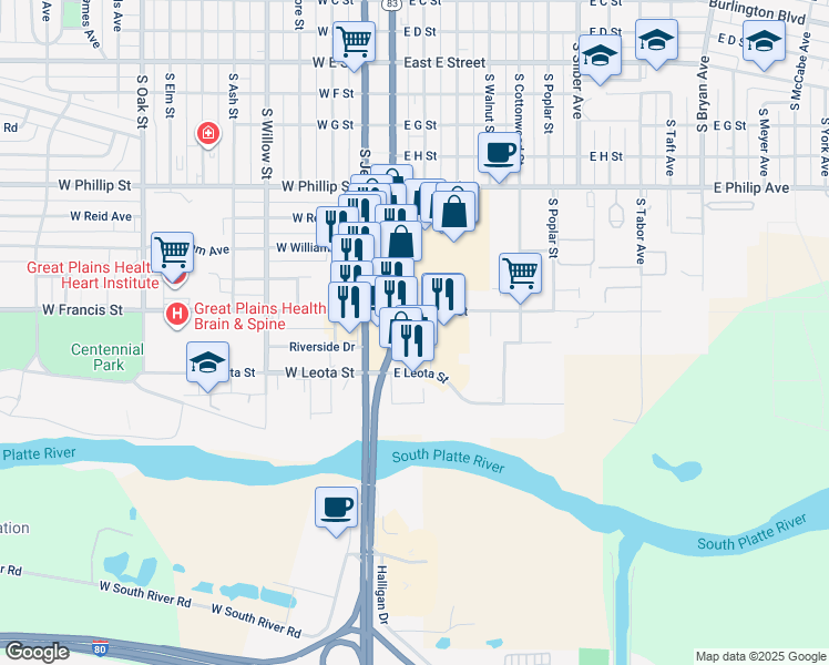 map of restaurants, bars, coffee shops, grocery stores, and more near 200-298 East Francis Street in North Platte